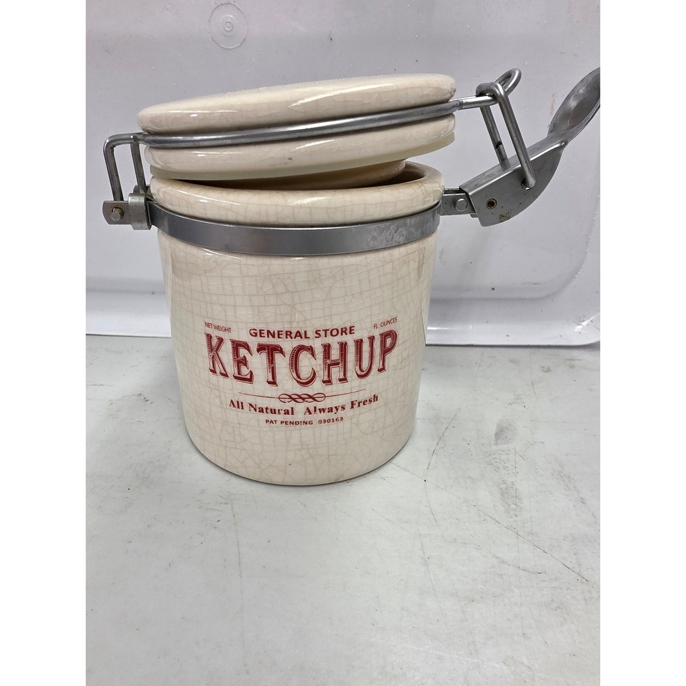 Pottery Barn General Store Ketchup Ceramic Canister Crackle Glaze Locking Lid